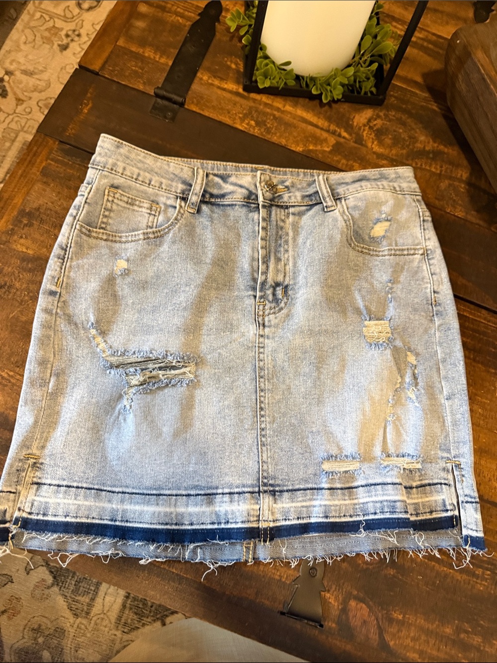 VIP Light Blue Distressed Denim Mini Skirt